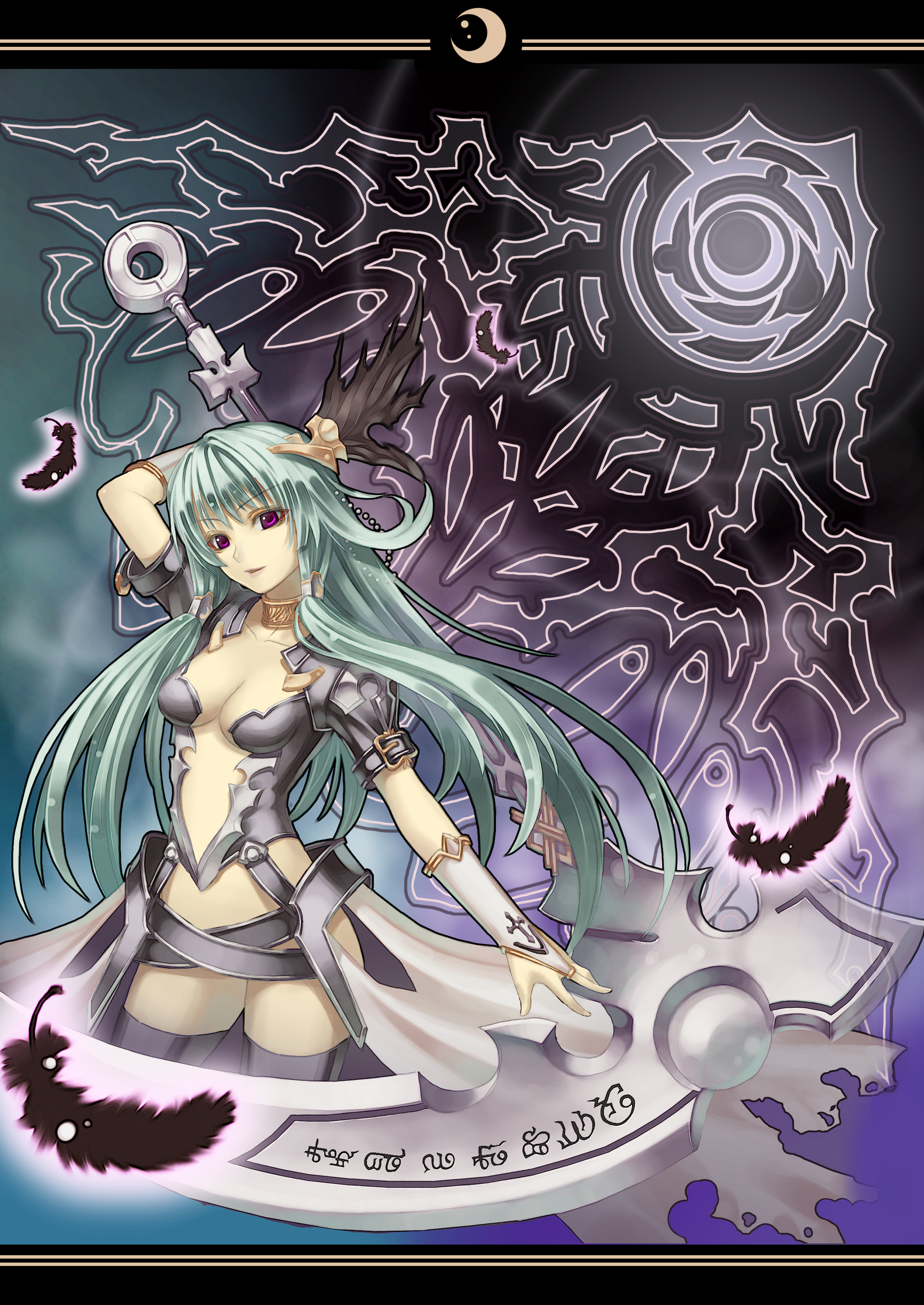 fourteen, original, absurdres, highres, 1girl, arm up, breasts, bridal gauntlets, center opening, choker, cleavage, crescent, crescent moon, feathers, female focus, green hair, hair ornament, head wings, long hair, medium breasts, moon, no bra, no panties, purple eyes, scythe, skirt, smile, solo, thighhighs, wings