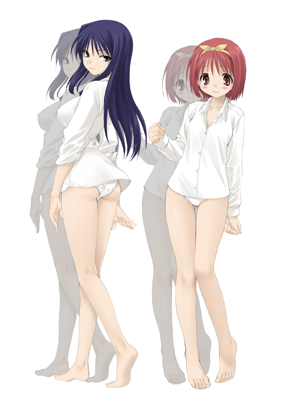 mitarashi kousei, kamigishi akari, kurusugawa ayaka, to heart, to heart (series), 2girls, ass, bare legs, barefoot, dress shirt, feet, legs, multiple girls, no pants, panties, shirt, sleeves rolled up, thigh gap, underwear
