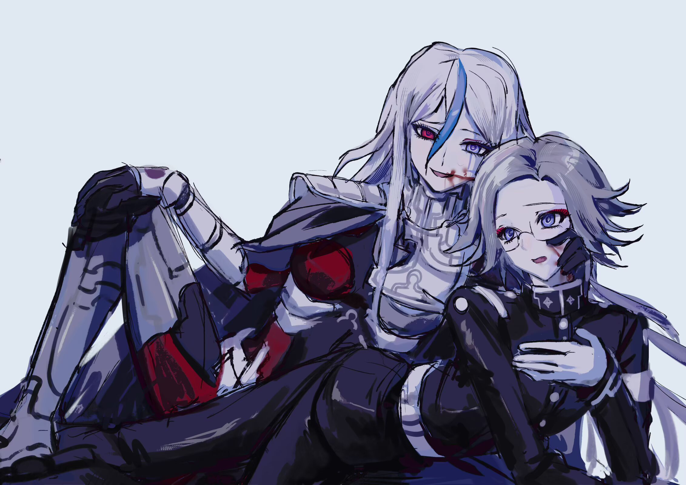 threyes, aotsuki eito, v'ehxness, the hundred line -last defense academy-, commentary request, highres, 1boy, 1girl, armor, black bodysuit, black gloves, black jacket, blood, blood from mouth, blood on face, blue streaks, bodysuit, eyeliner, facial mark, gauntlets, glasses, gloves, gorget, grey background, grey hair, hand on another's face, heterochromia, jacket, knee up, long hair, looking at another, looking at viewer, lying, makeup, male focus, multicolored hair, on side, on stomach, open mouth, purple eyes, red bodysuit, red eyeliner, red eyes, ringed eyes, short hair, shoulder armor, simple background, smile, streaked hair, two-tone bodysuit, white gloves, white hair