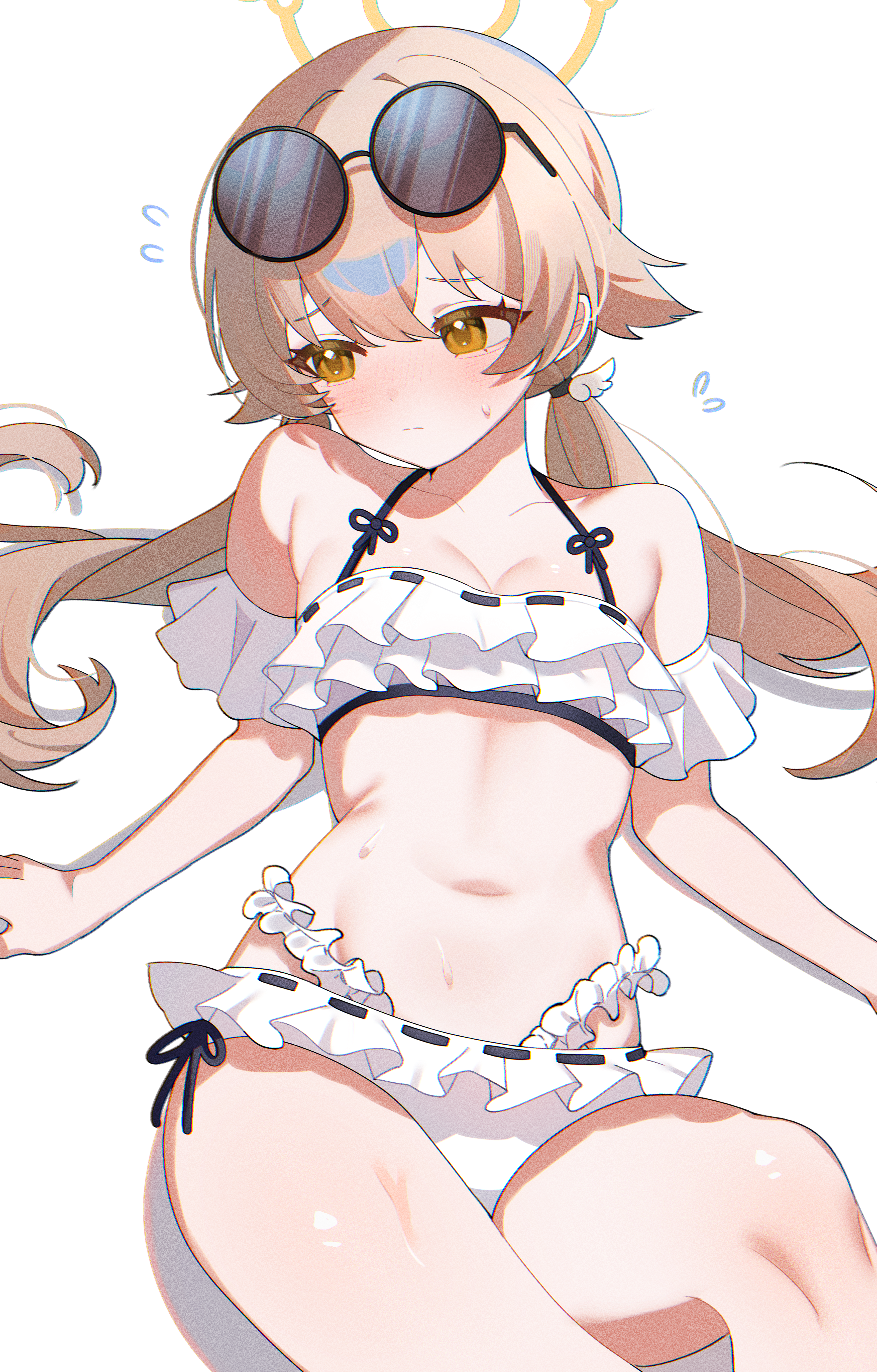shusuchii, hifumi (blue archive), hifumi (swimsuit) (blue archive), blue archive, absurdres, commentary, highres, symbol-only commentary, 1girl, averting eyes, bikini, blush, breasts, brown hair, cleavage, closed mouth, eyewear on head, flying sweatdrops, frilled bikini, frills, hair ornament, halo, halterneck, low twintails, lying, navel, official alternate costume, on back, round eyewear, ruffle bikini, simple background, small breasts, small sweatdrop, smile, solo, stomach, sunglasses, swimsuit, twintails, white background, white bikini, wing hair ornament, yellow eyes, yellow halo