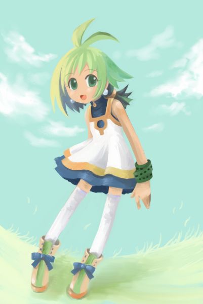 marona (phantom brave), phantom brave, 1girl, :d, ankle boots, antenna hair, arms at sides, black hair, blue bow, blue sky, boots, bow, brown boots, cloud, day, dress, earrings, female focus, full body, gradient hair, grass, green eyes, green hair, jewelry, leaning forward, long hair, looking at viewer, low ponytail, multicolored hair, open mouth, outdoors, plant, ponytail, sky, sleeveless, sleeveless dress, smile, solo, standing, thighhighs, white dress, white thighhighs, wristband, zettai ryouiki