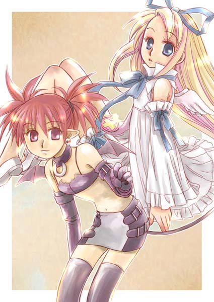 etna (disgaea), flonne, disgaea, makai senki disgaea, nippon ichi, black legwear, white footwear, 00s, 2girls, bare shoulders, belt, black wings, blonde hair, blue eyes, border, bow, breasts, brown background, cleavage, collarbone, cross, detached collar, detached sleeves, dress, frills, long hair, looking at viewer, miniskirt, multiple girls, purple eyes, red eyes, red hair, shoes, short hair, skirt, standing, thighhighs, very long hair, white dress, white wings, wings, zettai ryouiki