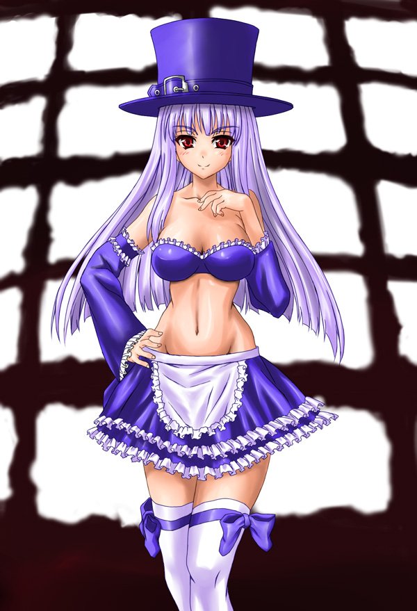 nanakorobi yaoki, ingrid (capcom), capcom, capcom fighting jam, 1girl, bare shoulders, blush, breasts, cleavage, collar, detached sleeves, female focus, frilled skirt, frills, hat, kneehighs, long hair, maid, medium breasts, midnight bliss, midriff, purple hair, red eyes, skirt, socks, solo, thighhighs, top hat, white hair, zettai ryouiki