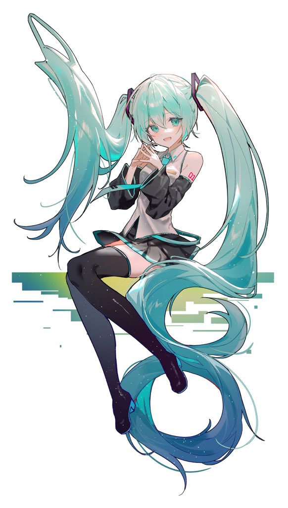 luna (luna610), hatsune miku, vocaloid, 1girl, aqua eyes, aqua hair, black boots, black sleeves, boots, detached sleeves, full body, hands up, long hair, looking at viewer, open mouth, own hands together, simple background, smile, solo, thigh boots, very long hair, white background
