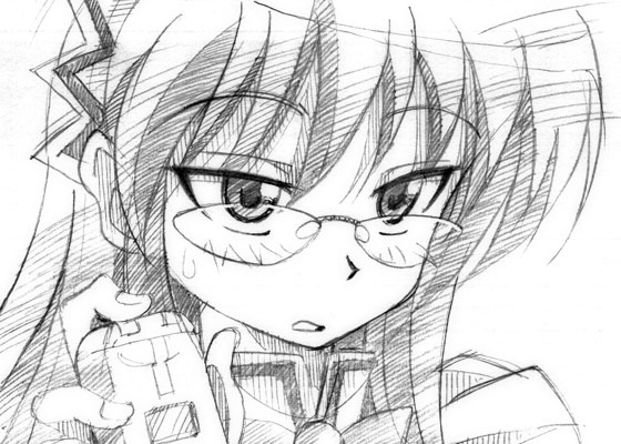 gofu, kijima saki, hayate no gotoku!, traditional media, 00s, 1girl, blush, cellphone, female focus, glasses, greyscale, headdress, holding, looking to the side, maid, maid headdress, monochrome, open mouth, phone, rimless eyewear, simple background, sketch, solo, upper body, white background