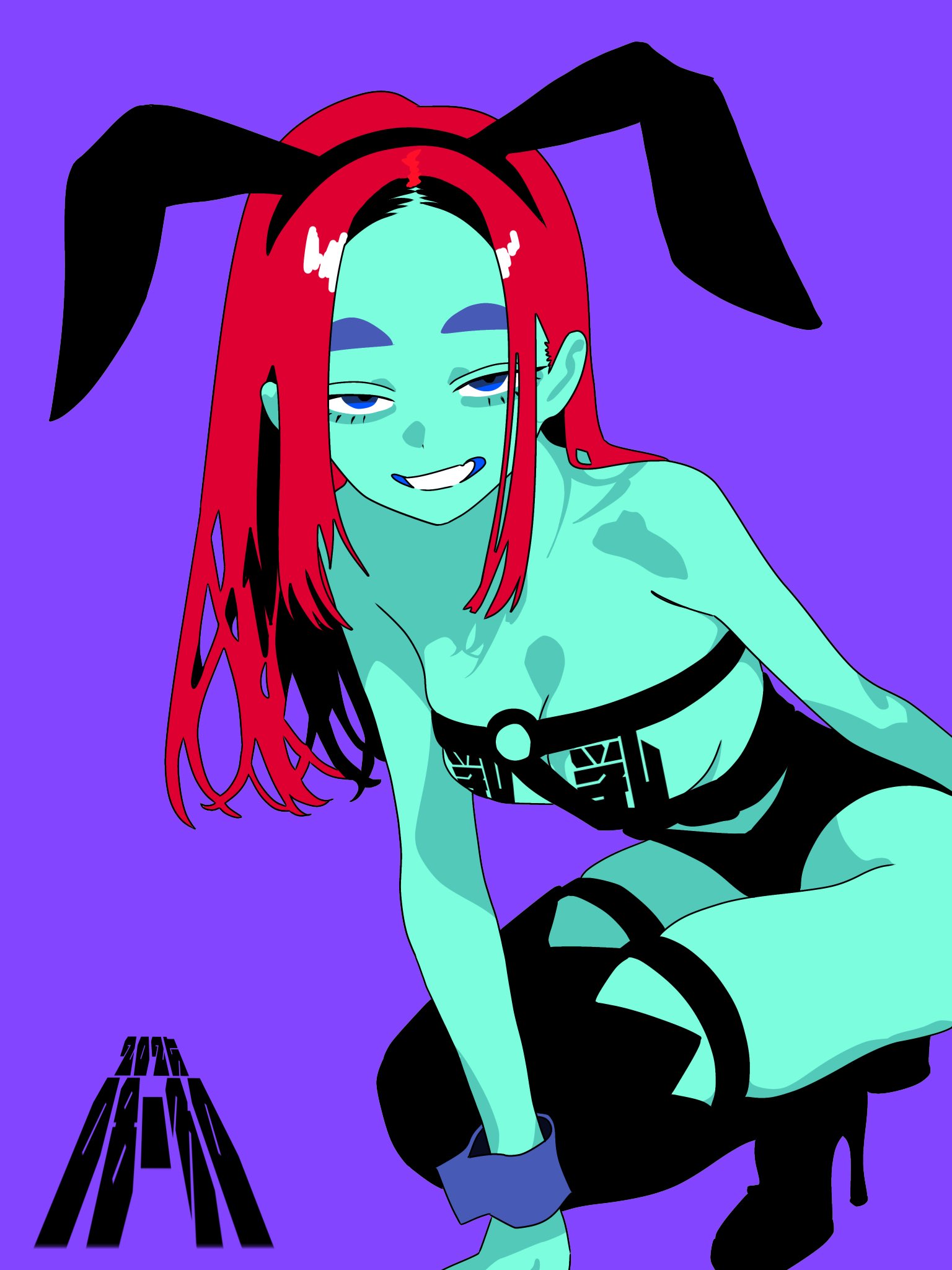 minminmince, original, highres, 1girl, animal ear hairband, animal ears, aqua skin, arm support, armpit crease, black boots, blue eyes, boots, breasts, chest harness, cleavage, colored skin, dated, dot nose, fake animal ears, flat color, forehead, full body, grin, hair behind ear, hairband, hands out of frame, harness, high heel boots, high heels, knee boots, legs together, leotard, long hair, looking at viewer, mismatched eyebrows, parted lips, playboy bunny, purple background, rabbit ears, red hair, sidelocks, simple background, small breasts, smile, solo, squatting, strapless, thick eyebrows, thigh strap, wrist cuffs