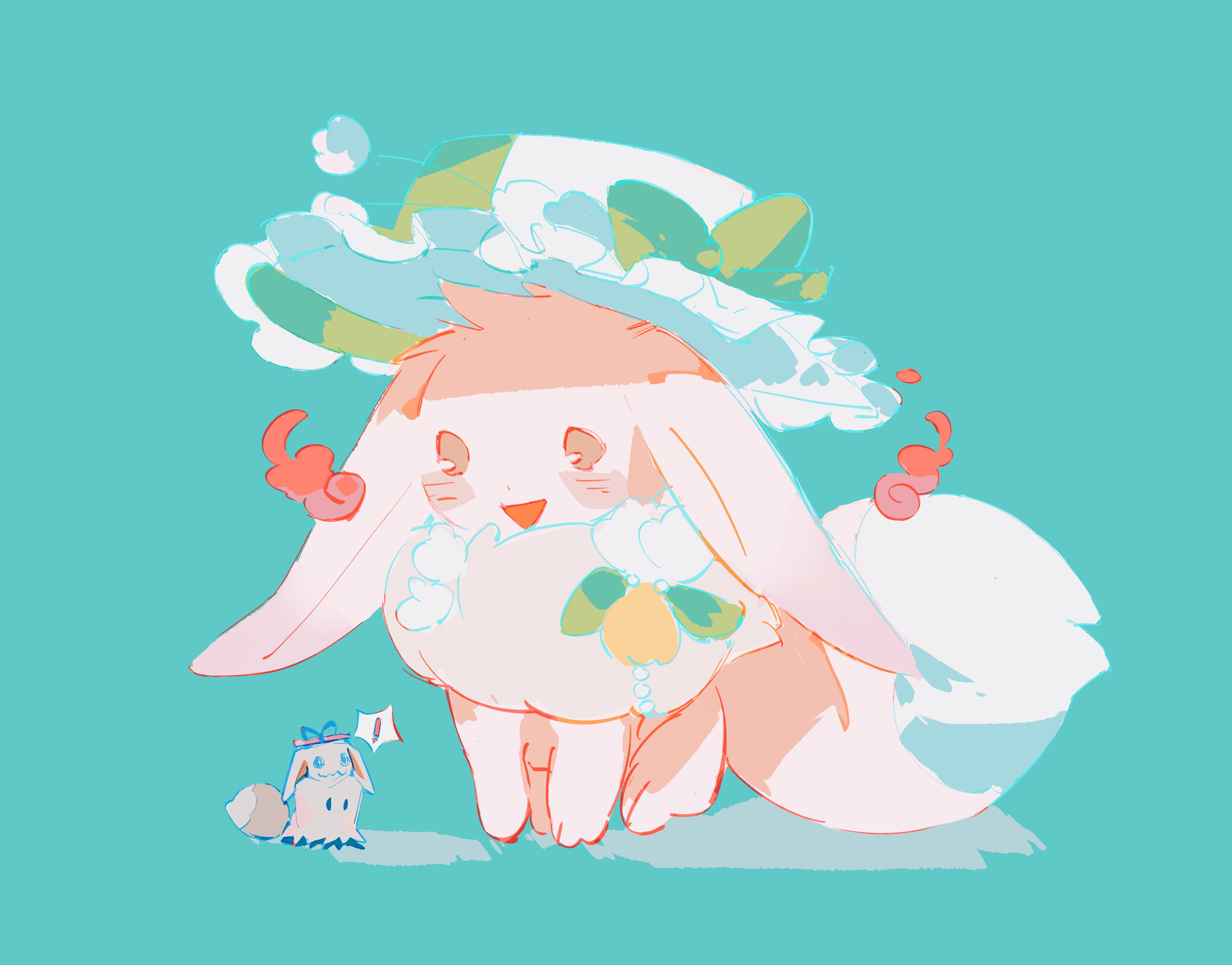 ciuchviicuq, eevee, mimikyu, nintendo, pokemon, absurdres, highres, :d, animal focus, aqua background, blue background, brown eyes, clothed pokemon, frilled hat, frills, full body, gen 1 pokemon, gen 7 pokemon, green hair, hat, multicolored hat, open mouth, pink fur, pink tail, pokemon (creature), pokemon focus, sitting, size difference, smile, white hat
