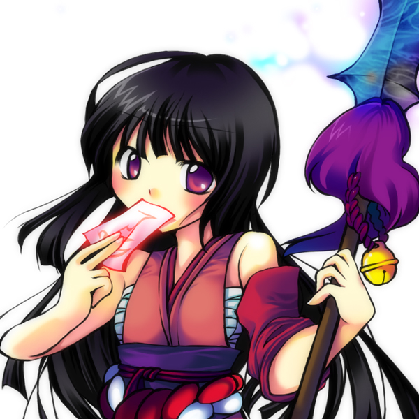 shizuki mizuha, 1girl, black hair, detached sleeves, female focus, long hair, ofuda, polearm, purple eyes, solo, spear, weapon