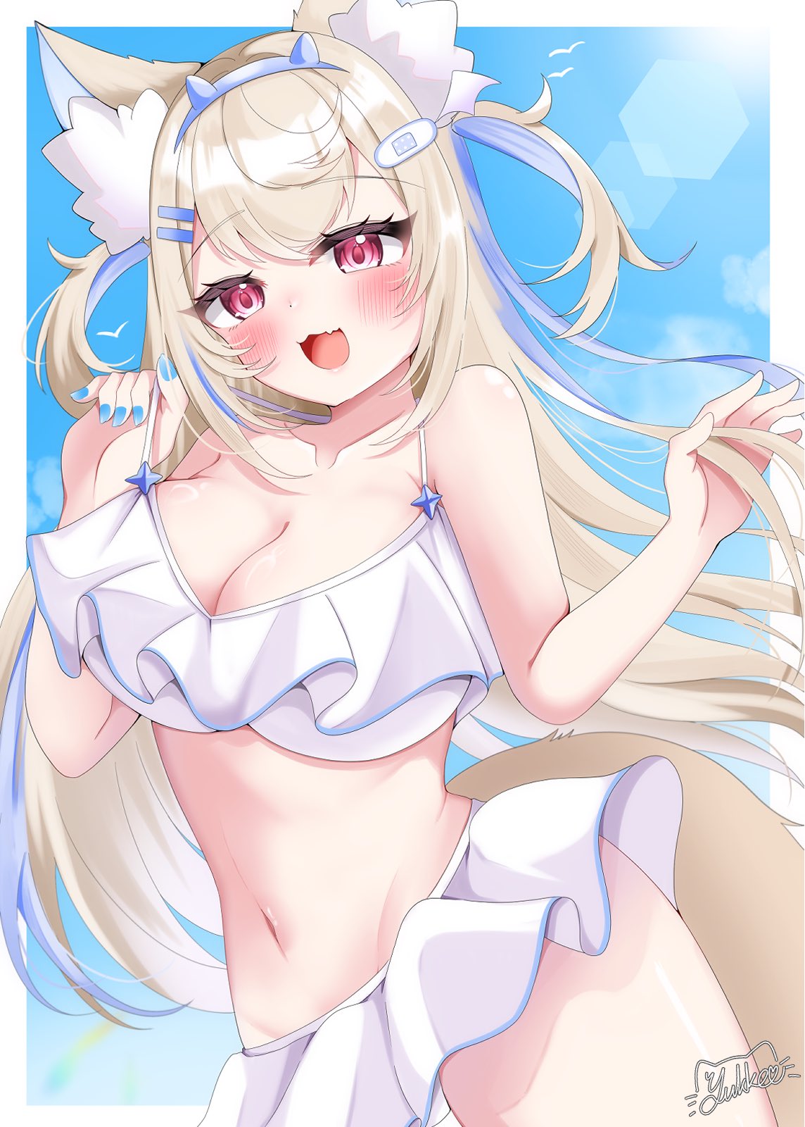 heonemo 0412, fuwawa abyssgard, hololive, hololive english, highres, 1girl, animal ear fluff, animal ears, bare shoulders, blonde hair, blue hair, blush, border, breasts, cleavage, cowboy shot, dog ears, dog girl, dog tail, large breasts, long hair, multicolored hair, open mouth, pink eyes, solo, tail, two-tone hair, two side up, virtual youtuber, white border