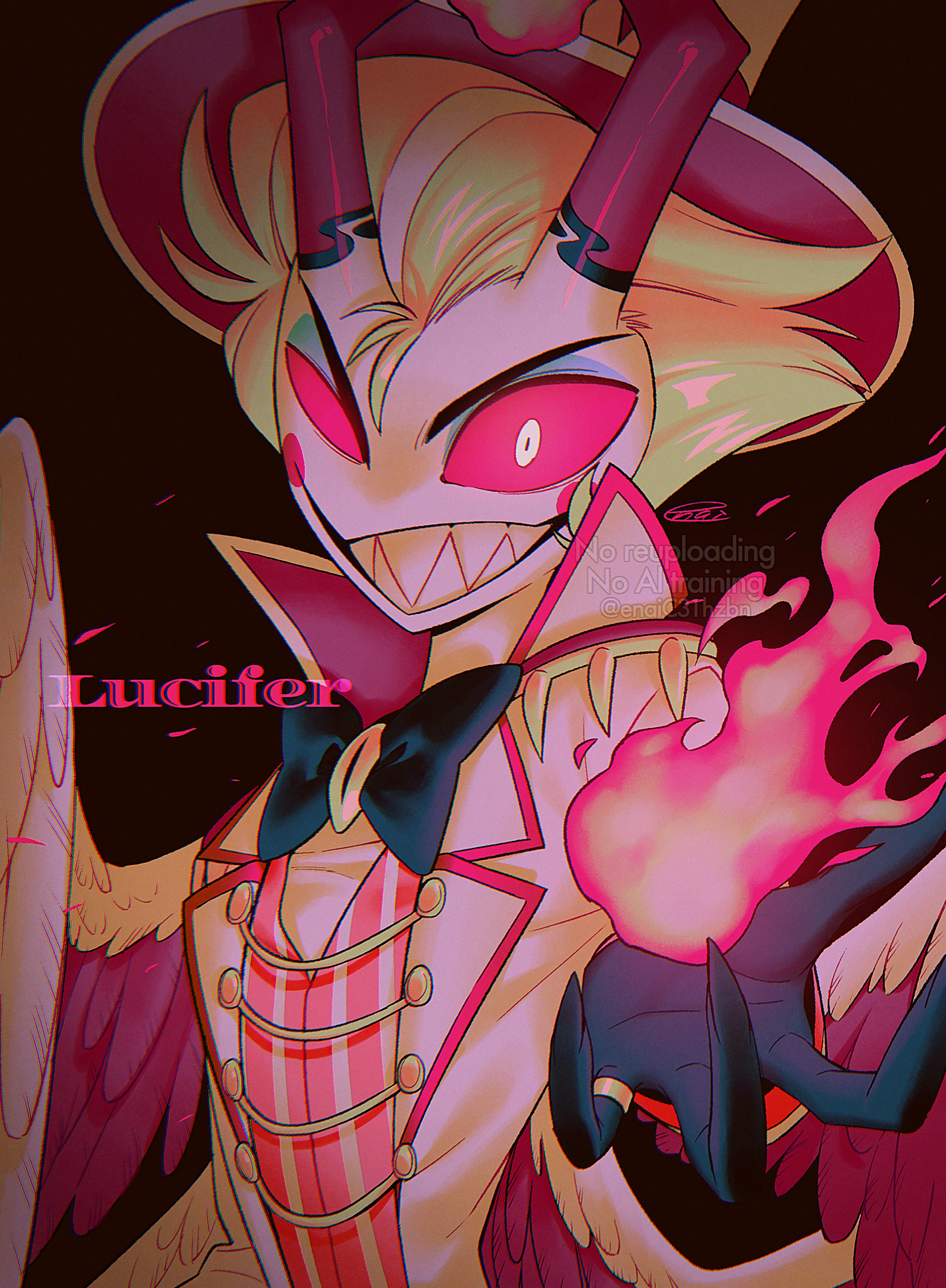 menma (enaic31), lucifer morningstar (hazbin hotel), hazbin hotel, hellaverse, absurdres, commentary request, highres, 1boy, :d, black background, black bow, black bowtie, black gloves, blonde hair, bow, bowtie, character name, chromatic aberration, circle facial mark, coat, collared coat, colored sclera, colored skin, demon boy, demon horns, eyeshadow, feathered wings, fewer digits, film grain, gloves, glowing, glowing eye, grey eyeshadow, grin, hair slicked back, hand up, hat, horns, lapels, looking at viewer, makeup, male focus, notched lapels, open clothes, open coat, open mouth, red fire, red horns, red sclera, red trim, red vest, red wings, sharp teeth, shirt, short hair, signature, simple background, smile, solo, striped clothes, striped vest, teeth, top hat, traditional bowtie, two-tone vest, two-tone wings, upper body, v-shaped eyebrows, vertical-striped clothes, vertical-striped vest, vest, vignetting, watermark, white coat, white eyes, white hat, white shirt, white skin, white vest, white wings, wings