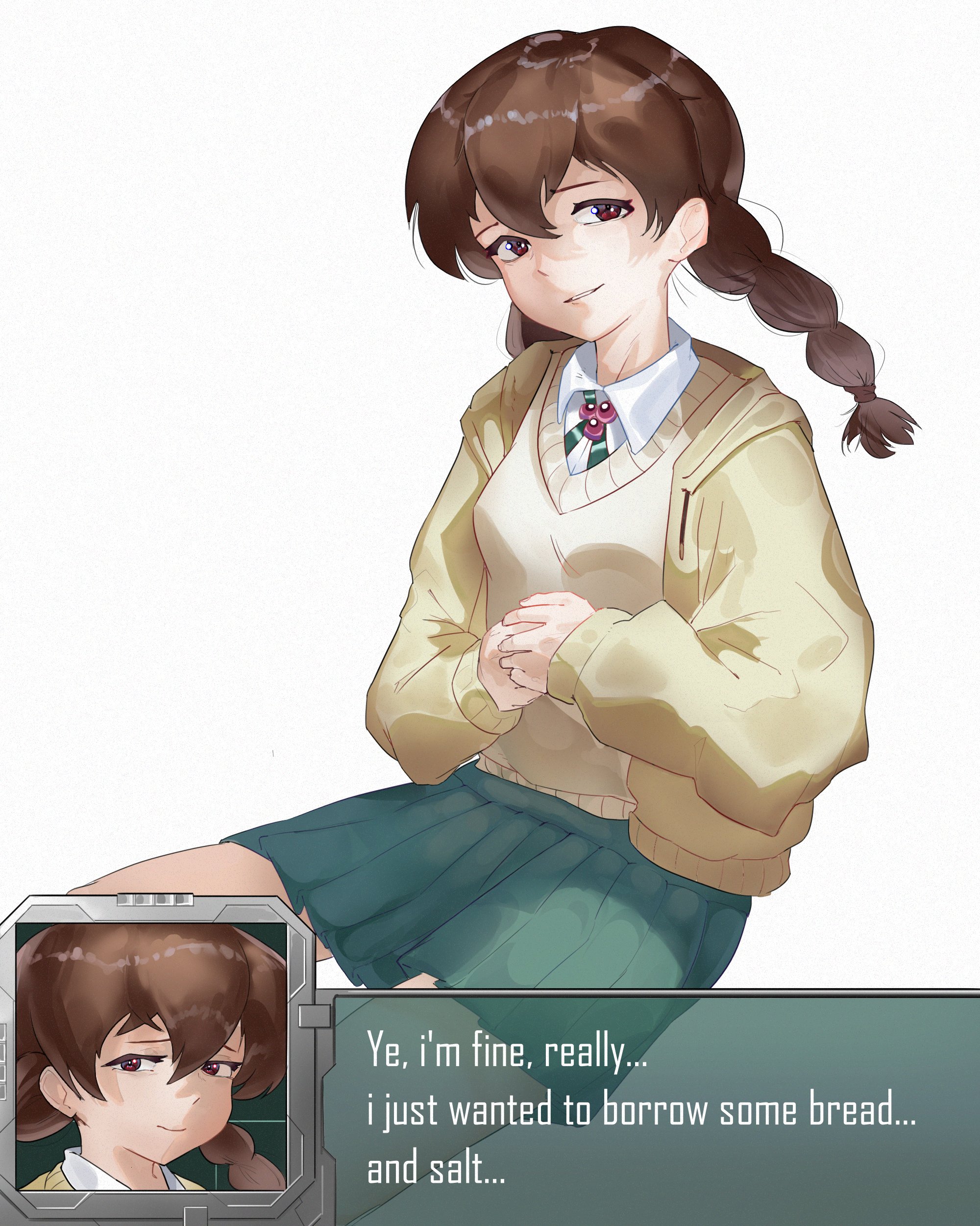 yaroslavee, misaki nanao, gigantic drive, absurdres, highres, braid, brown eyes, brown hair, dialogue box, english text, green skirt, hair between eyes, hood, hood down, hoodie, light smile, looking at viewer, low twin braids, open clothes, open hoodie, sitting, skirt, twin braids, vest, yellow hoodie, yellow vest