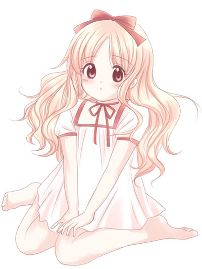 1girl, blonde hair, child, female focus, full body, kneeling, long hair, ribbon, simple background, solo, white background