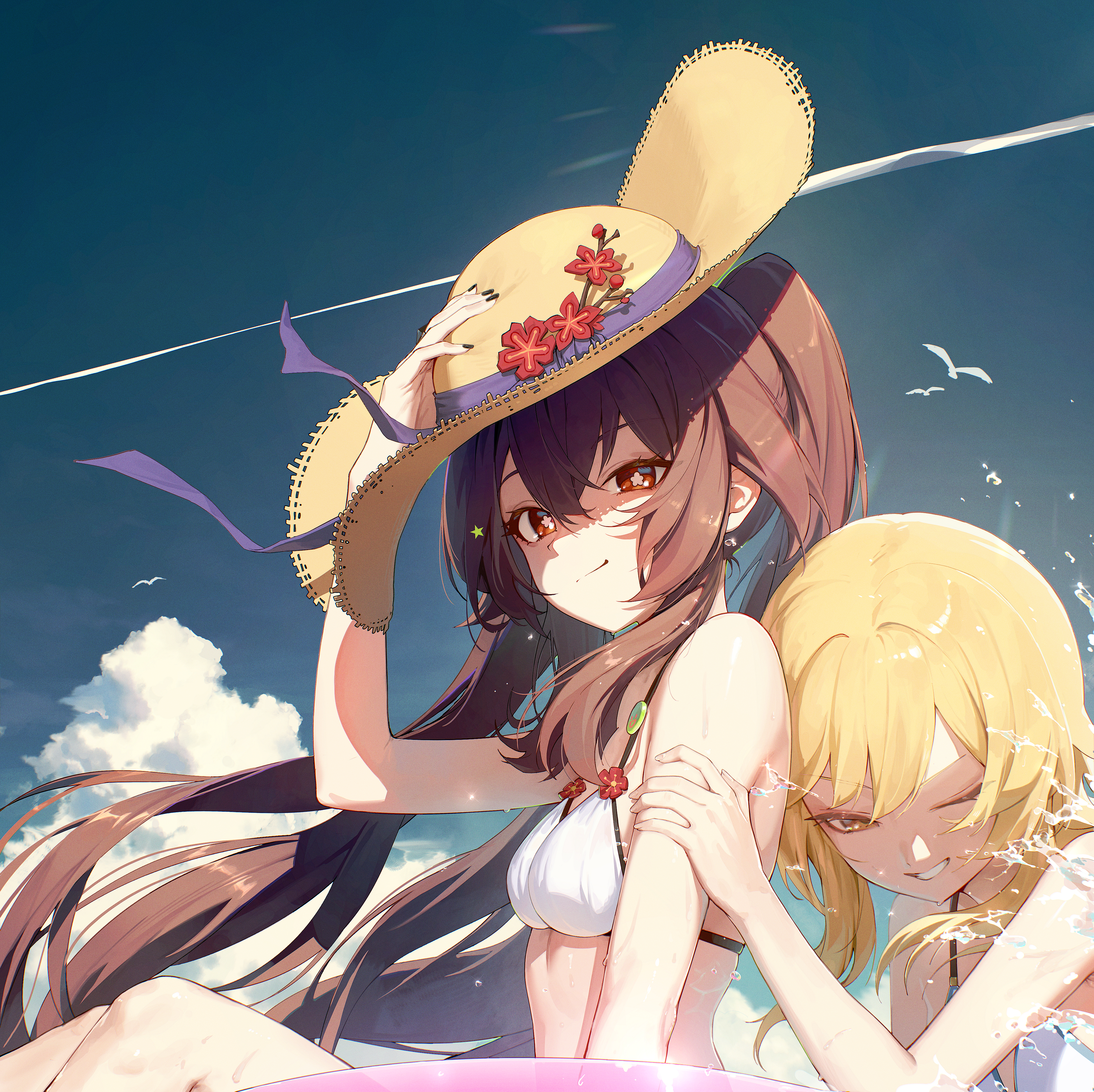 alaskastomatoez, hu tao (genshin impact), lumine (genshin impact), genshin impact, absurdres, highres, 2girls, alternate costume, bikini, black nails, blonde hair, blue sky, breasts, brown hair, clenched teeth, floating hair, flower-shaped pupils, hand on headwear, hat, long hair, multiple girls, nail polish, on innertube, one eye closed, red eyes, short hair with long locks, sky, small breasts, splashing, straw hat, swimsuit, symbol-shaped pupils, teeth, upper body, white bikini