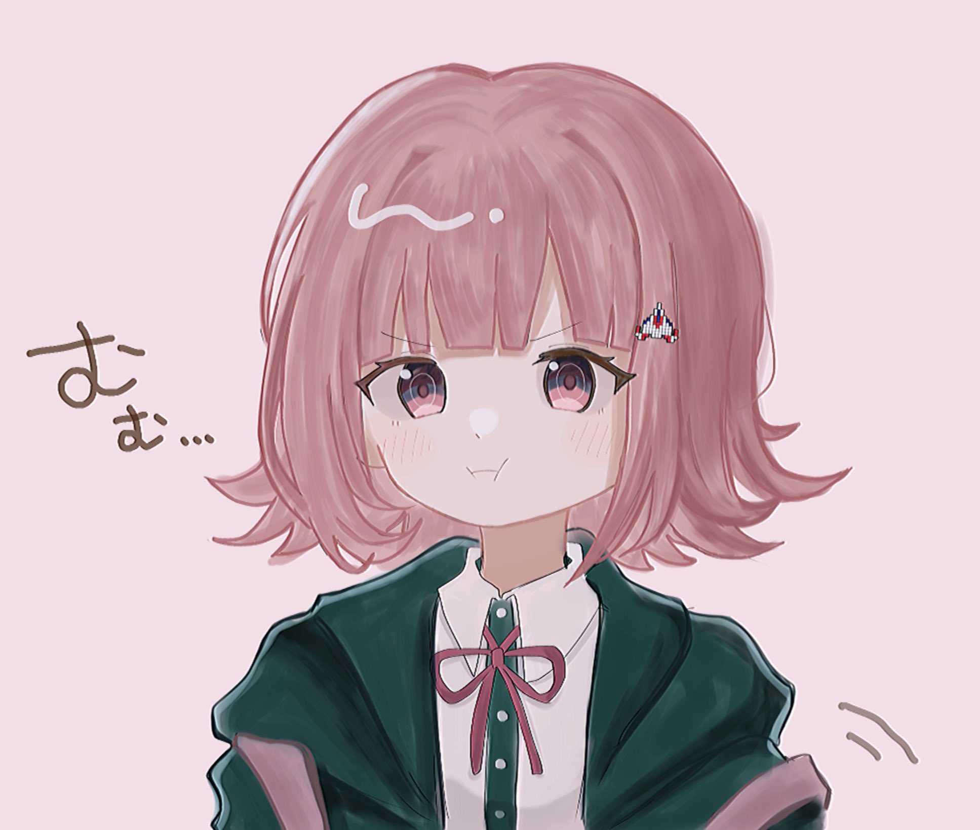 chayucha o0, nanami chiaki, danganronpa (series), danganronpa 2: goodbye despair, highres, translation request, 1girl, blush, brown hair, collared shirt, flipped hair, hair ornament, hood, jacket, long sleeves, medium hair, neck ribbon, open clothes, open jacket, pink eyes, pout, ribbon, shirt, solo, white shirt