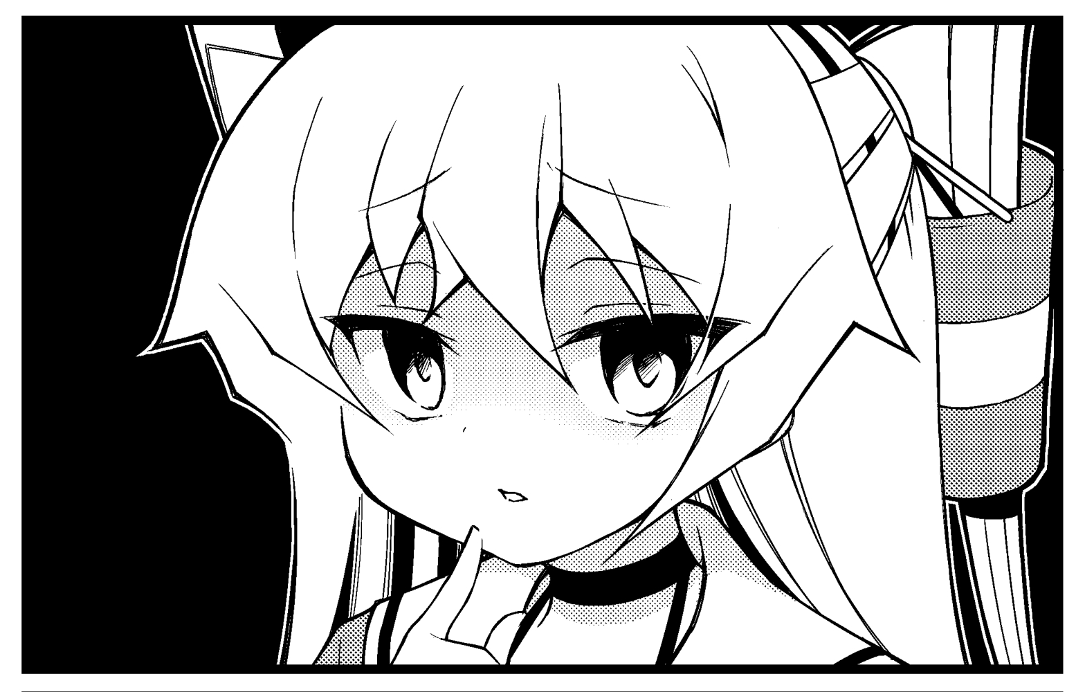 ataru (ataru-littlebird), amatsukaze (kancolle), kantai collection, commentary request, 1girl, choker, dress, finger to mouth, greyscale, hair tubes, looking at viewer, monochrome, sailor collar, sailor dress, solo, two side up, upper body