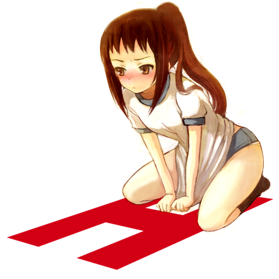yonko, kyon, kyonko, suzumiya haruhi no yuuutsu, bad id, bad pixiv id, gender request, 00s, 1girl, blush, buruma, covering crotch, covering privates, embarrassed, female focus, genderswap, gym uniform, ponytail, shirt tug, solo