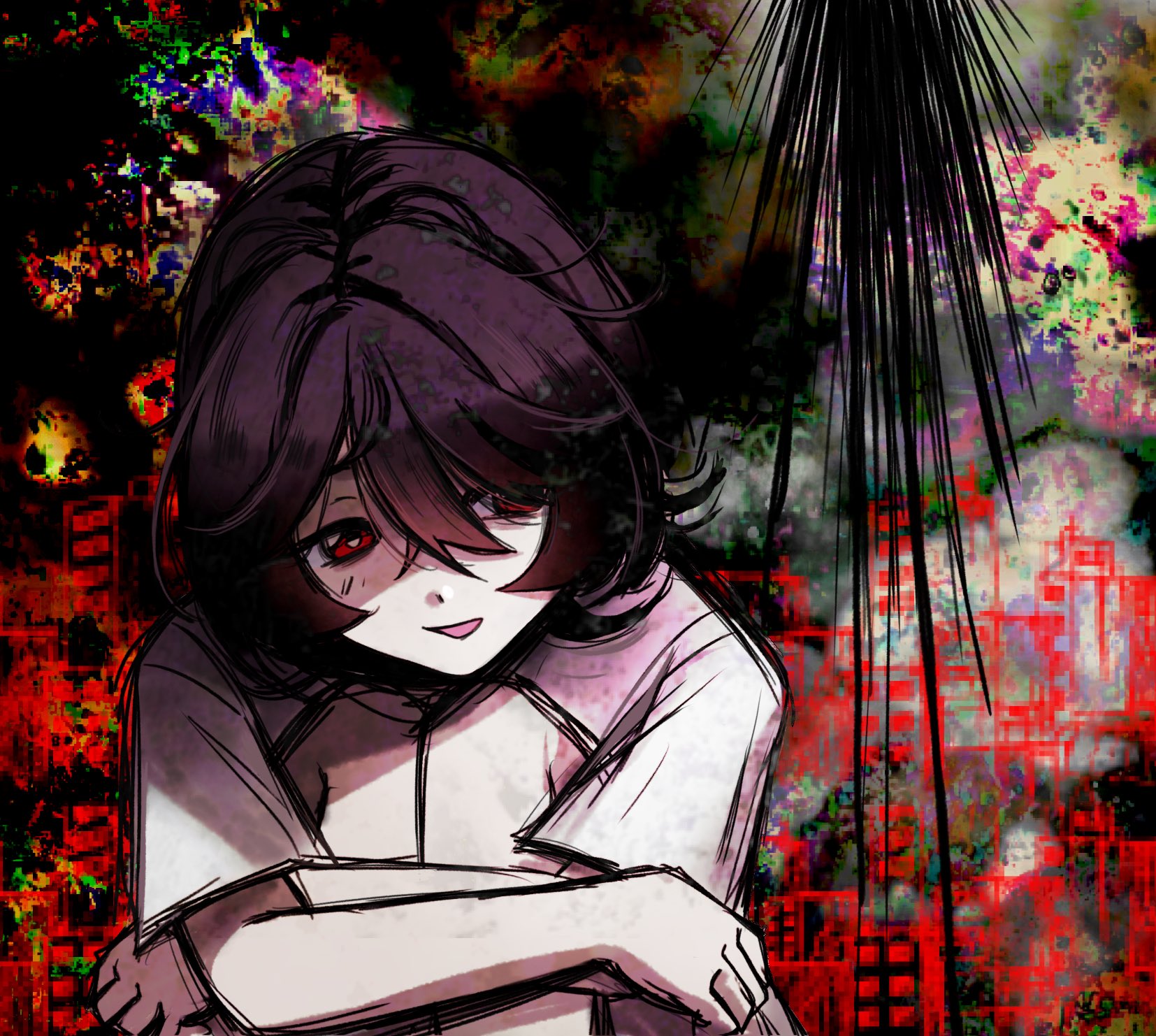 fluffyblessing, original, highres, 1girl, curled up, glitch, glitch background, head on knees, horror (theme), open mouth, oversized clothes, purple hair, red eyes, shirt, short hair, splatter, white shirt