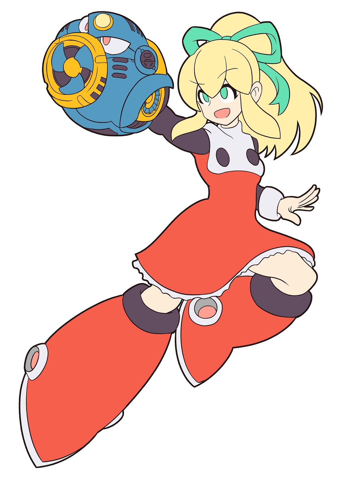 kotatuman dash, air man, roll (mega man), mega man (classic), mega man (series), highres, 1girl, arm cannon, dress, full body, green eyes, high ponytail, open mouth, ponytail, red dress, solo, weapon