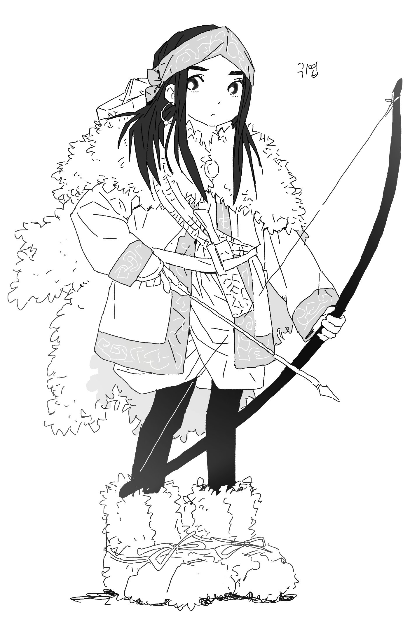 ritoon 0, asirpa, golden kamuy, highres, 1girl, ainu, ainu clothes, bandana, belt buckle, belt pouch, black hair, boots, bow (weapon), buckle, cape, earrings, embroidered, facing to the side, fur boots, fur cape, fur collar, greyscale, hat, headband, holding, holding bow (weapon), holding weapon, hoop earrings, japanese clothes, jewelry, kimono, knife sheath, korean text, leggings, long hair, long sleeves, looking at viewer, monochrome, patterned clothing, pouch, ribbon, robe, sheath, sidelocks, simple background, solo, thick eyebrows, weapon, white background, wrist cuffs