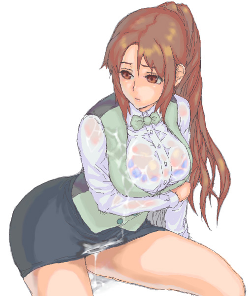 sasagawa (haikaiki), original, 1girl, breasts, brown eyes, brown hair, cum, cum on body, cum on breasts, cum on clothes, cum on upper body, female focus, large breasts, ponytail, see-through clothes, solo, wet