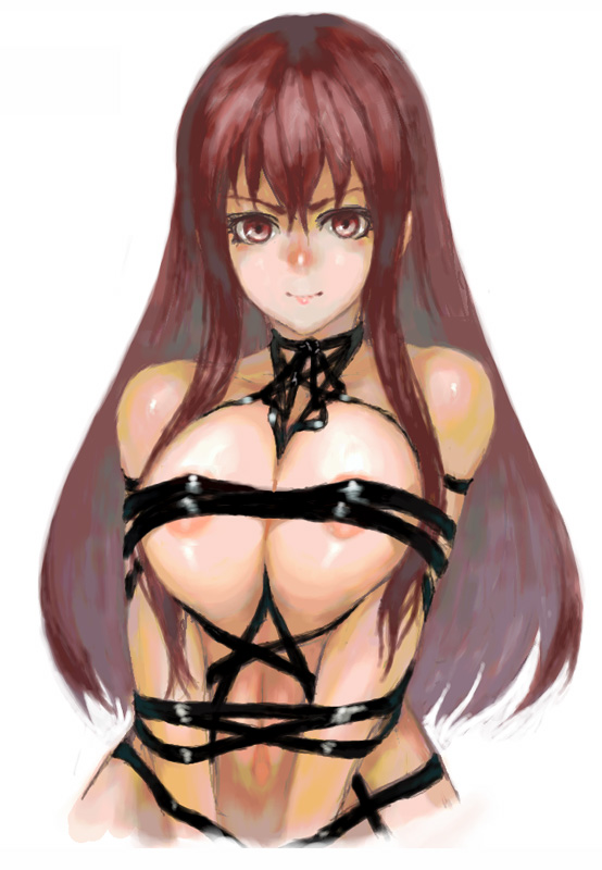 iko (artist), sasagawa (haikaiki), original, 1girl, bdsm, bondage, bound, breasts, cleavage, female focus, huge breasts, long hair, naked ribbon, nipple slip, nipples, red eyes, red hair, ribbon, ribbon bondage, solo