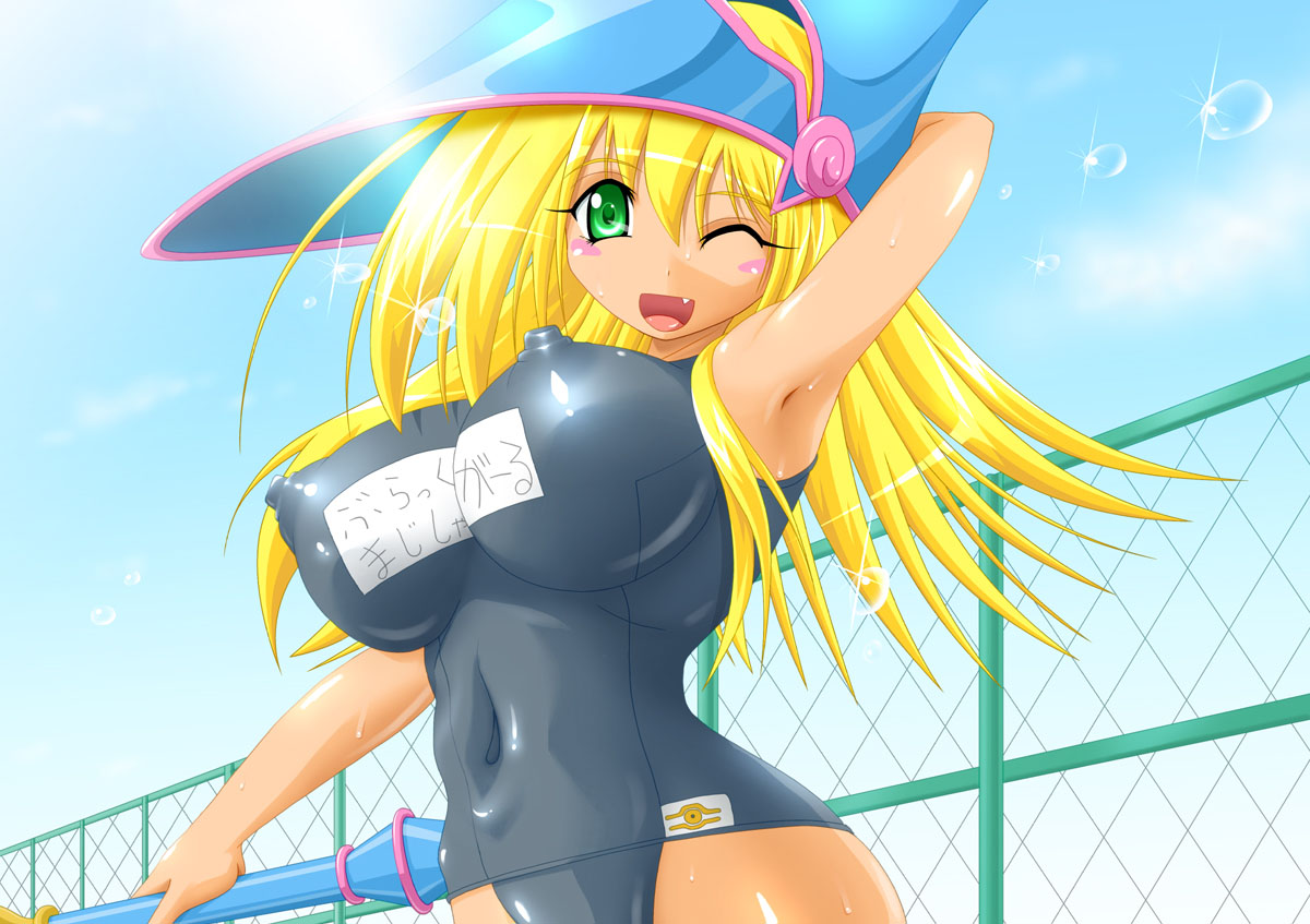 dark magician girl, yu-gi-oh!, yu-gi-oh! duel monsters, 1girl, armpits, blonde hair, blush, breasts, covered erect nipples, covered navel, duel monster, fang, female focus, green eyes, huge breasts, impossible clothes, impossible swimsuit, long hair, navel, nipples, one-piece swimsuit, one eye closed, open mouth, puffy nipples, school swimsuit, skin tight, smile, solo, swimsuit, wand, wet, wink