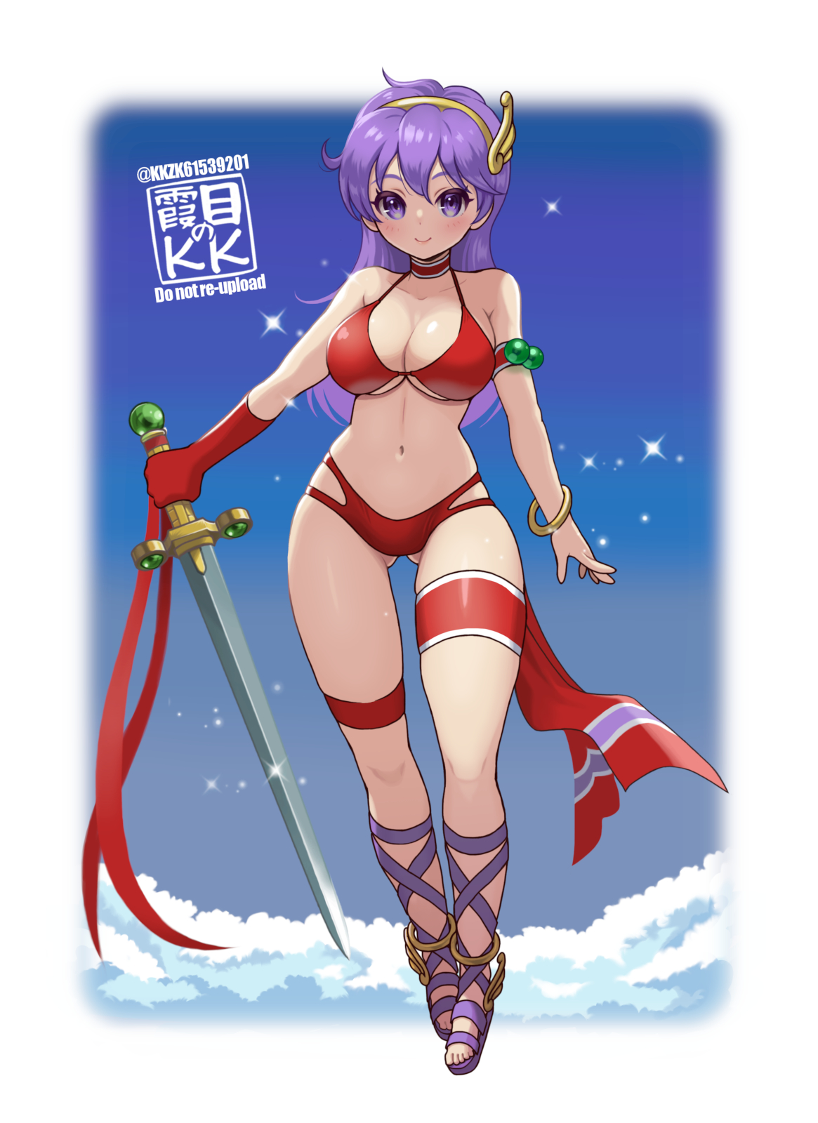 kkzk61539201, princess athena, athena (series), highres, 1girl, bikini, border, breasts, full body, holding, holding sword, holding weapon, large breasts, long hair, purple eyes, purple hair, red bikini, solo, swimsuit, sword, weapon, white border