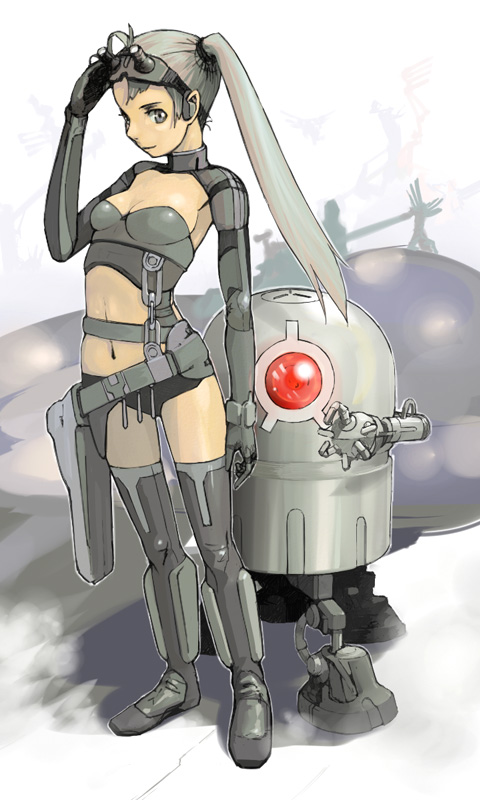 guitar (guitars), original, bad id, bad pixiv id, 1girl, female focus, grey eyes, grey hair, ponytail, solo, thighhighs