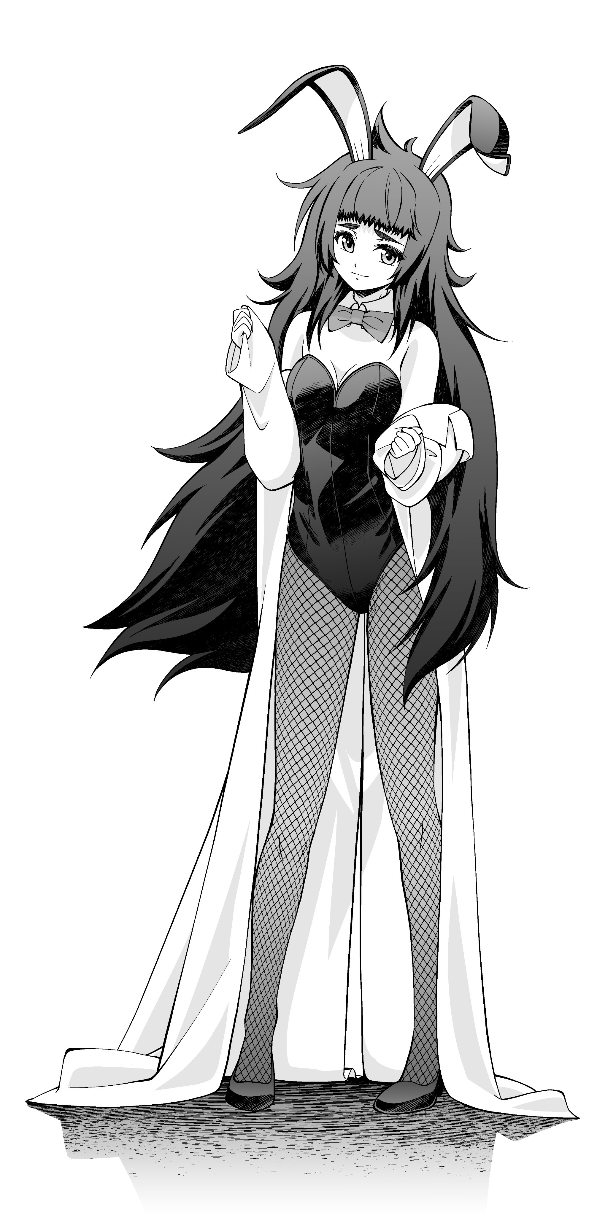 eibon, hiyajou maho, science adventure, steins;gate, steins;gate 0, absurdres, highres, 1girl, animal ears, bare shoulders, black shoes, bow, bowtie, breasts, cleavage, detached collar, fake animal ears, fishnets, full body, greyscale, high heels, lab coat, leotard, long hair, looking at viewer, messy hair, monochrome, playboy bunny, rabbit ears, shoes, simple background, sleeve pull, small breasts, smile, solo, strapless, strapless leotard, very long hair, wrist cuffs