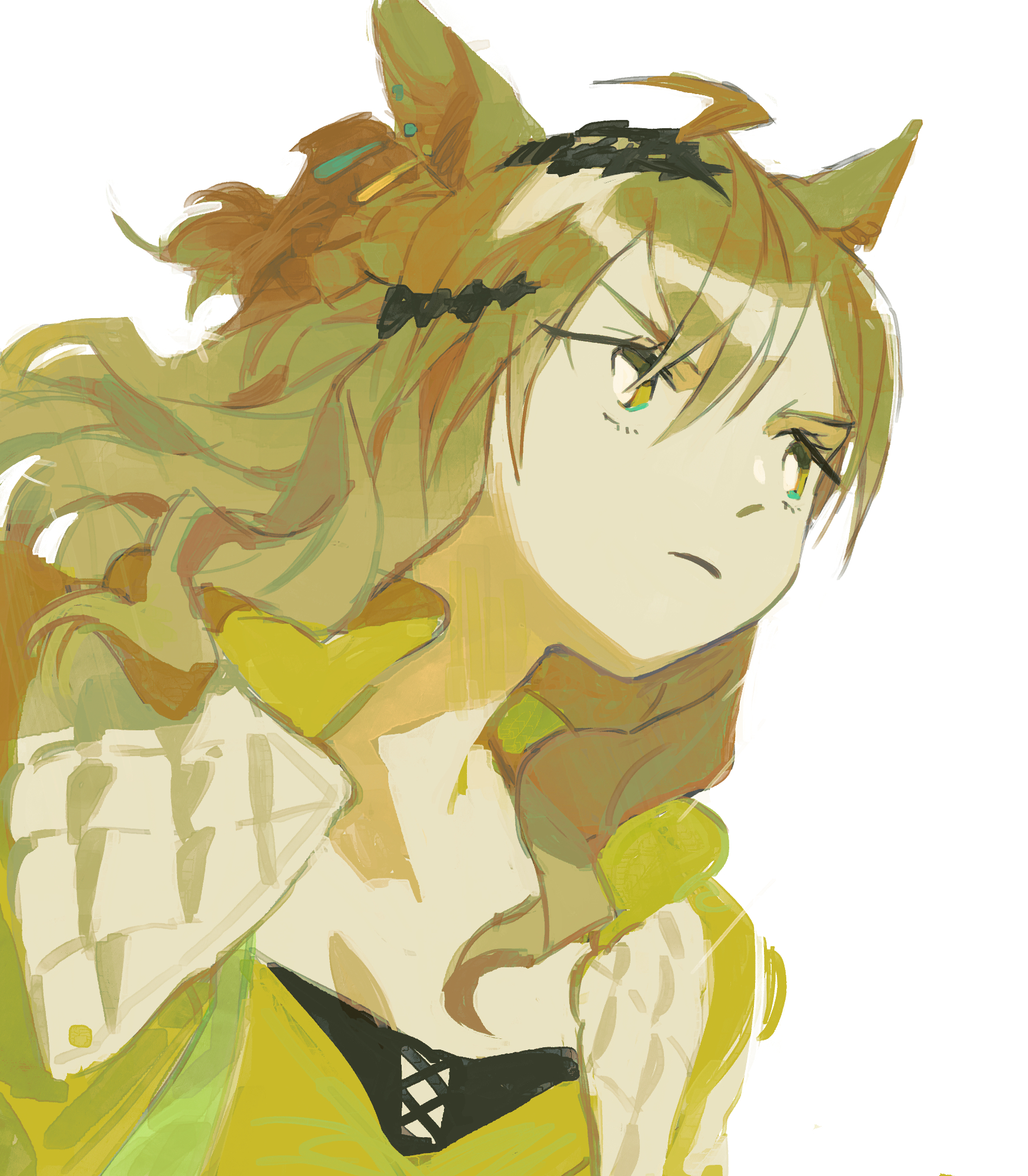 ritoon 0, jungle pocket (umamusume), umamusume, commentary, highres, 1girl, ahoge, animal ears, braid, brown hair, chest bow, collarbone, collared jacket, crop top, double-parted bangs, ear ornament, floating hair, from below, hair ornament, hairclip, half up braid, half up half down braid, half updo, horse ears, horse girl, jacket, looking ahead, medium hair, multicolored eyes, padded jacket, solo, upper body, white background, wind, wind lift, yellow eyes, yellow jacket