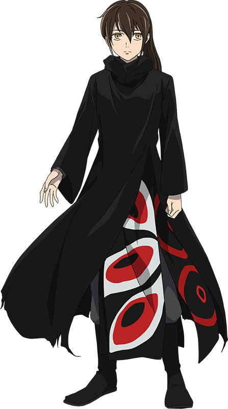 tanino miho, jyu viole grace, twenty-fifth bam, tower of god, official art, 1boy, anime coloring, black boots, black robe, boots, brown hair, clenched hand, closed mouth, eye print, eye symbol, grey pants, hair between eyes, long hair, pants, ponytail, robe, simple background, solo, transparent background, very long hair, yellow eyes