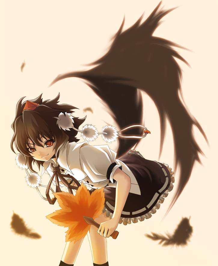 futami kito, shameimaru aya, touhou, bad id, bad pixiv id, 1girl, black hair, black wings, female focus, hat, leaf fan, looking at viewer, pom pom (cheerleading), pom pom (clothes), red eyes, red hat, solo, tokin hat, wings