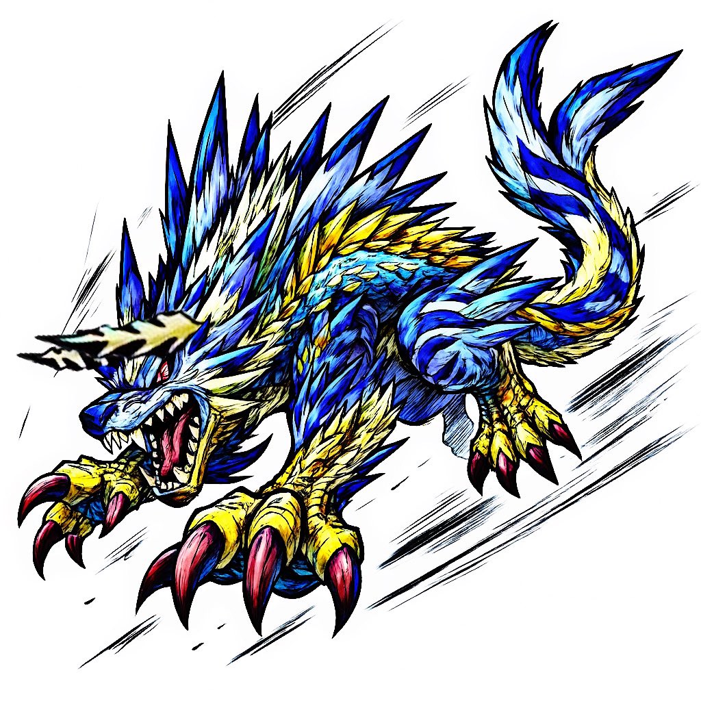 zinogarurumon, digimon, monster hunter (series), digimon (creature), fangs, full body, red eyes, sharp teeth, simple background, solo, teeth, teriyaki noki (wsupbx45078), white background