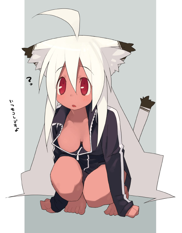 kusaka kokage, kokage-san, original, 1girl, :o, ?, ahoge, animal ears, barefoot, breasts, cat ears, cat tail, cleavage, dark-skinned female, dark skin, female focus, full body, gradient background, large breasts, long hair, open mouth, outside border, red eyes, solo, squatting, tail, thighhighs, toes, track suit, very long hair, white hair