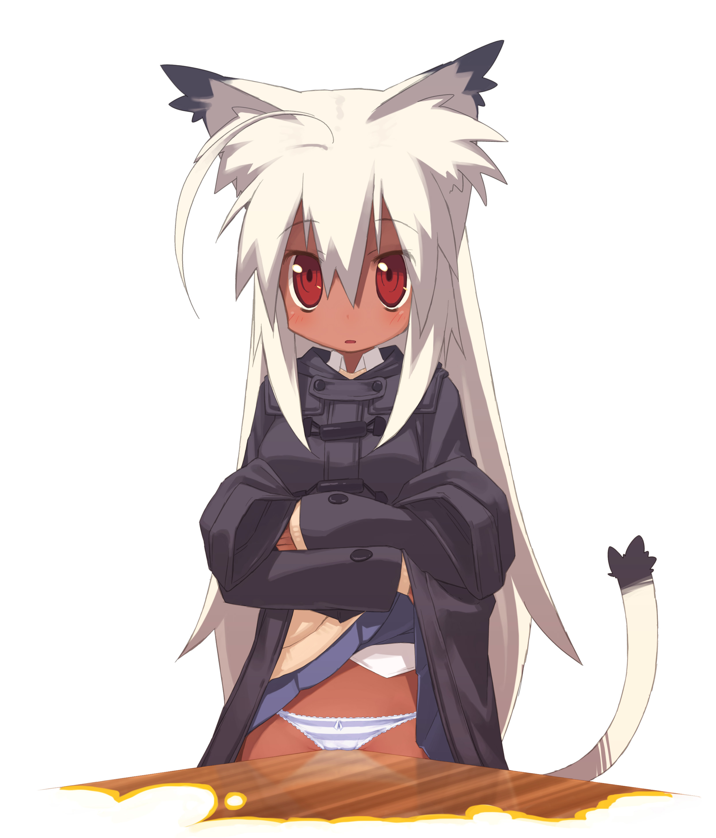 kusaka kokage, kokage-san, original, absurdres, highres, 1girl, animal ears, breasts, cat ears, cat tail, clothes lift, dark-skinned female, dark skin, female focus, long hair, medium breasts, panties, red eyes, skirt, skirt lift, solo, striped clothes, striped panties, table, tail, underwear, white hair