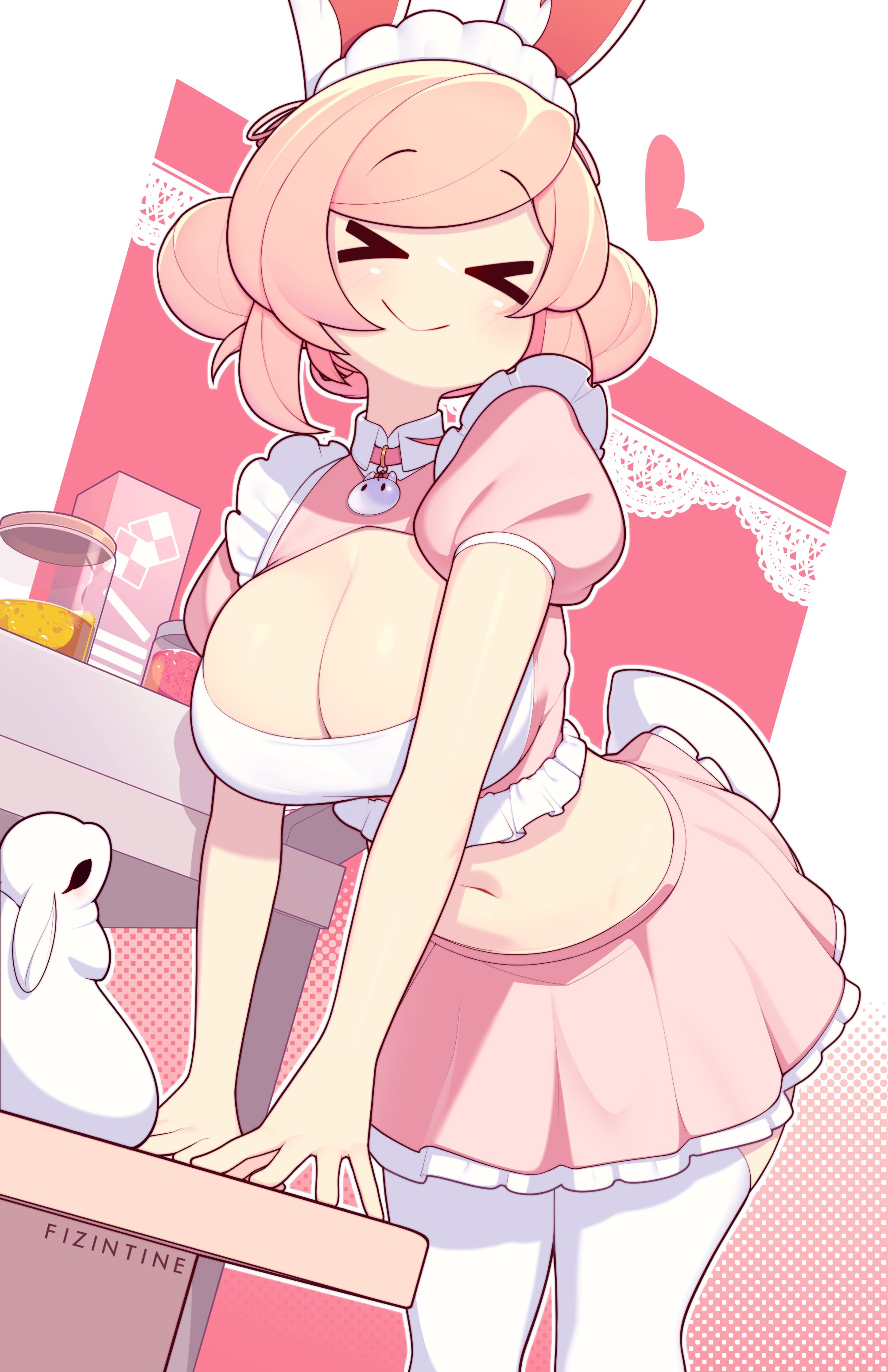 fizintine, fiz (fizintine), original, absurdres, commentary, highres, symbol-only commentary, > <, 1girl, alternate costume, animal ears, artist name, breasts, cleavage, closed eyes, double bun, enmaided, facing viewer, frilled skirt, frills, hair bun, large breasts, leaning forward, maid, maid headdress, midriff, navel, pink hair, pink skirt, puffy short sleeves, puffy sleeves, rabbit, rabbit ears, rabbit girl, rabbit tail, short sleeves, skirt, smile, solo, swept bangs, tail, thighhighs, white thighhighs