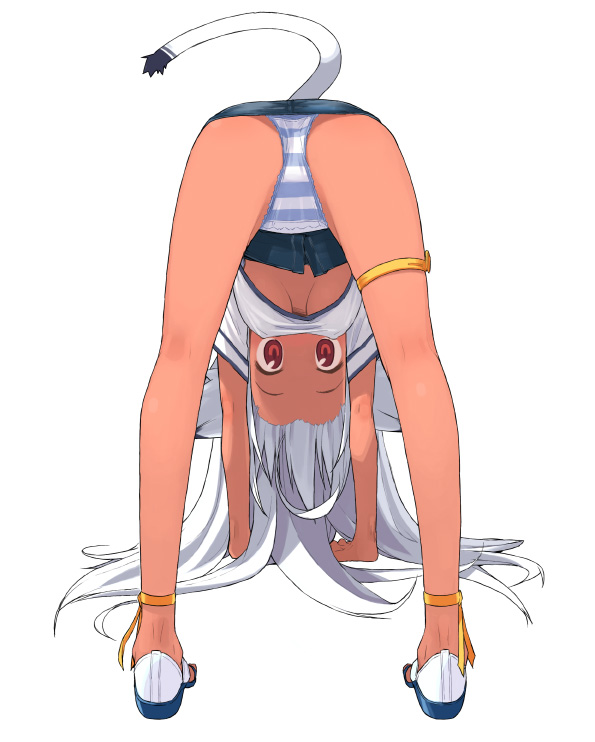 kusaka kokage, kokage-san, original, 1girl, animal ears, bent over, breasts, cat ears, cat tail, dark-skinned female, dark skin, female focus, foreshortening, hands reach floor, handstand, kneepits, long hair, looking through own legs, panties, pantyshot, red eyes, simple background, solo, striped clothes, striped panties, tail, thigh strap, top-down bottom-up, underboob, underwear, upshirt, upskirt, white background, white hair