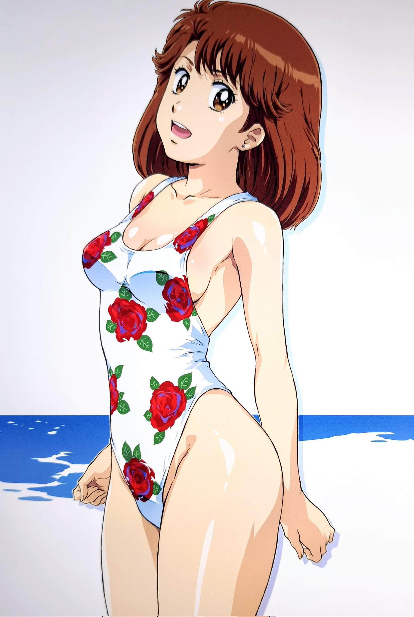 kurita yuuko, oishinbo, commentary request, highres, 1girl, bikini, breasts, brown eyes, brown hair, cleavage, floral print, highleg, highleg one-piece swimsuit, horizon, looking at viewer, medium breasts, one-piece swimsuit, open mouth, short hair, smash k-tarou, solo, swimsuit, upper body, white bikini