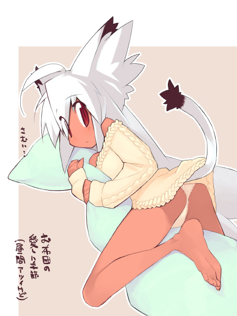kusaka kokage, kokage-san, original, 1girl, animal ears, barefoot, breasts, cat ears, cat tail, dark-skinned female, dark skin, feet, female focus, hug, hugging object, long hair, medium breasts, panties, pillow, pillow hug, red eyes, soles, solo, sweater, tail, underwear, white hair