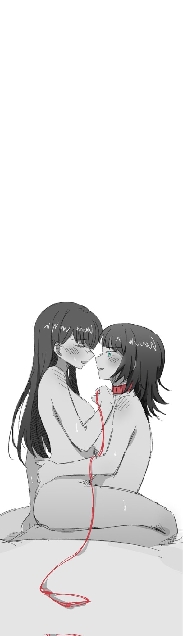 shiina taki, yahata umiri, bang dream!, bang dream! it's mygo!!!!!, commentary, highres, 2girls, blue eyes, blush, closed eyes, collar, completely nude, dd40529065, greyscale, hand on another's waist, holding, holding leash, leash, long hair, monochrome, multiple girls, nude, open mouth, shoulder blush, sitting, sitting on lap, sitting on person, spot color, sweat, yuri