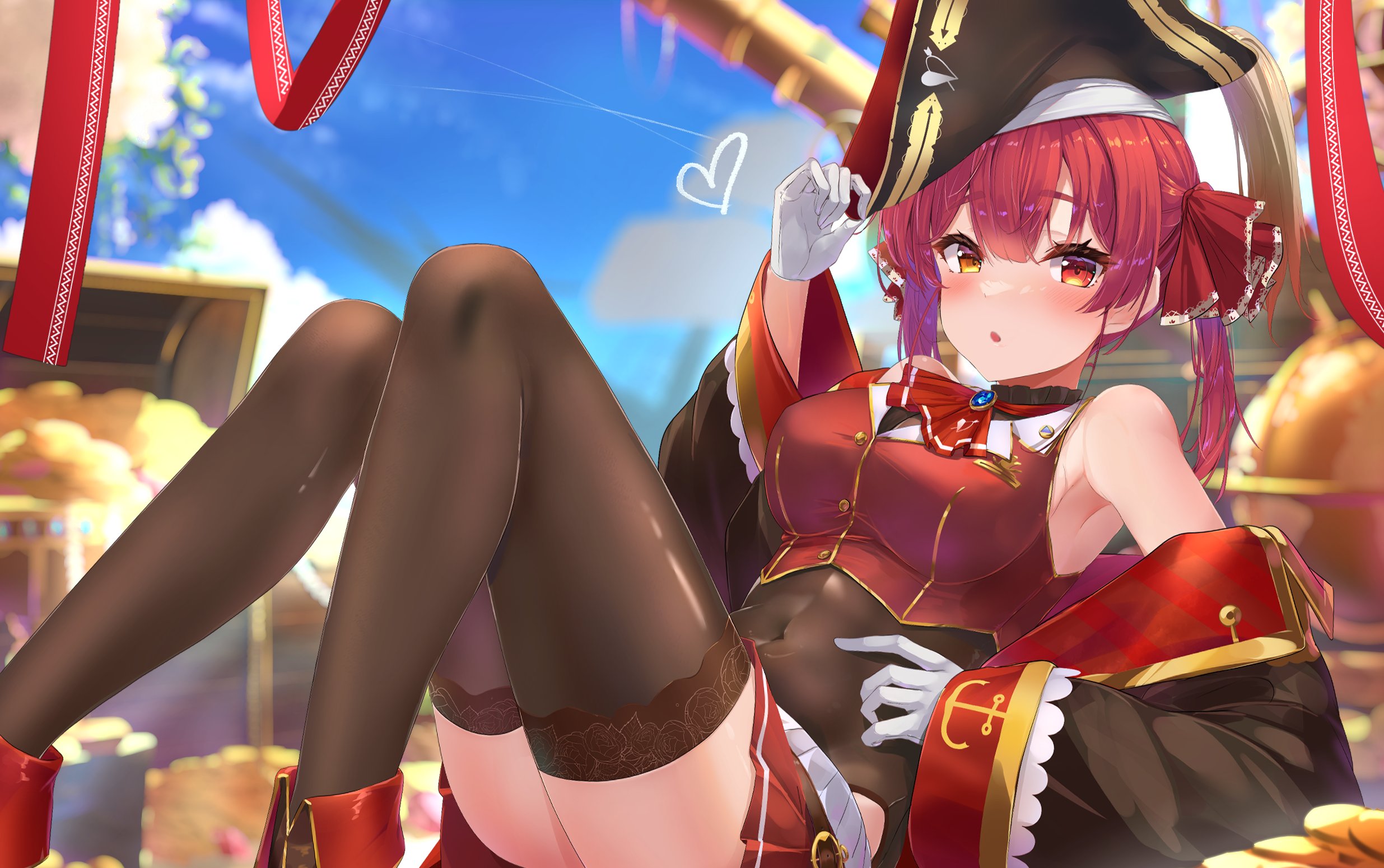 hai 0013, houshou marine, houshou marine (1st costume), hololive, highres, 1girl, bare shoulders, bicorne, black hat, black thighhighs, blurry, blurry background, blush, cropped jacket, gloves, hat, heart, heterochromia, jacket, miniskirt, pirate hat, pleated skirt, red eyes, red hair, red jacket, red skirt, skirt, solo, thighhighs, treasure chest, twintails, virtual youtuber, white gloves, yellow eyes