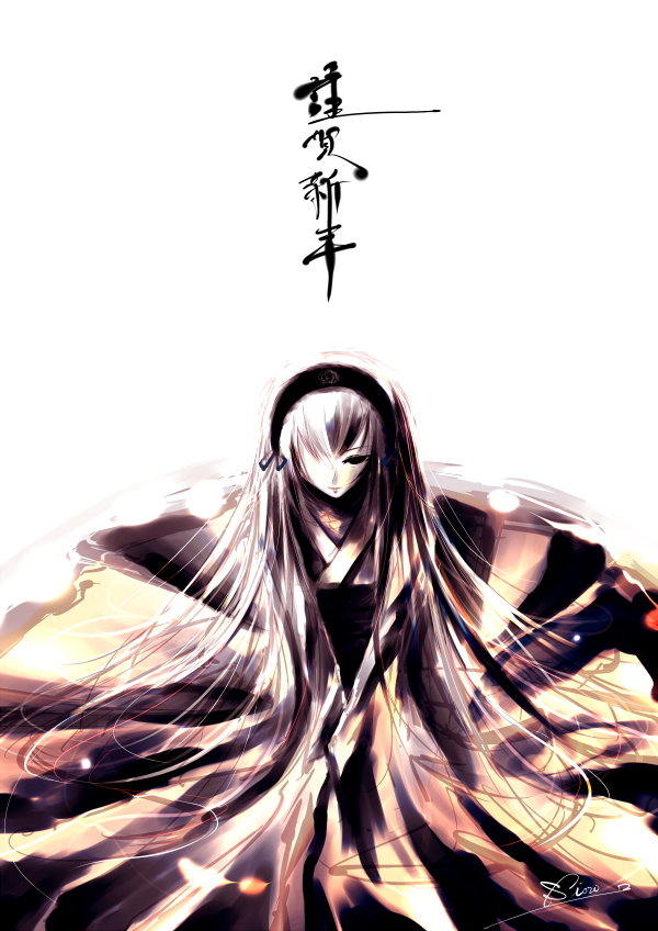 iori yakatabako, suigintou, rozen maiden, translated, 00s, japanese clothes, kimono, long hair, new year, solo