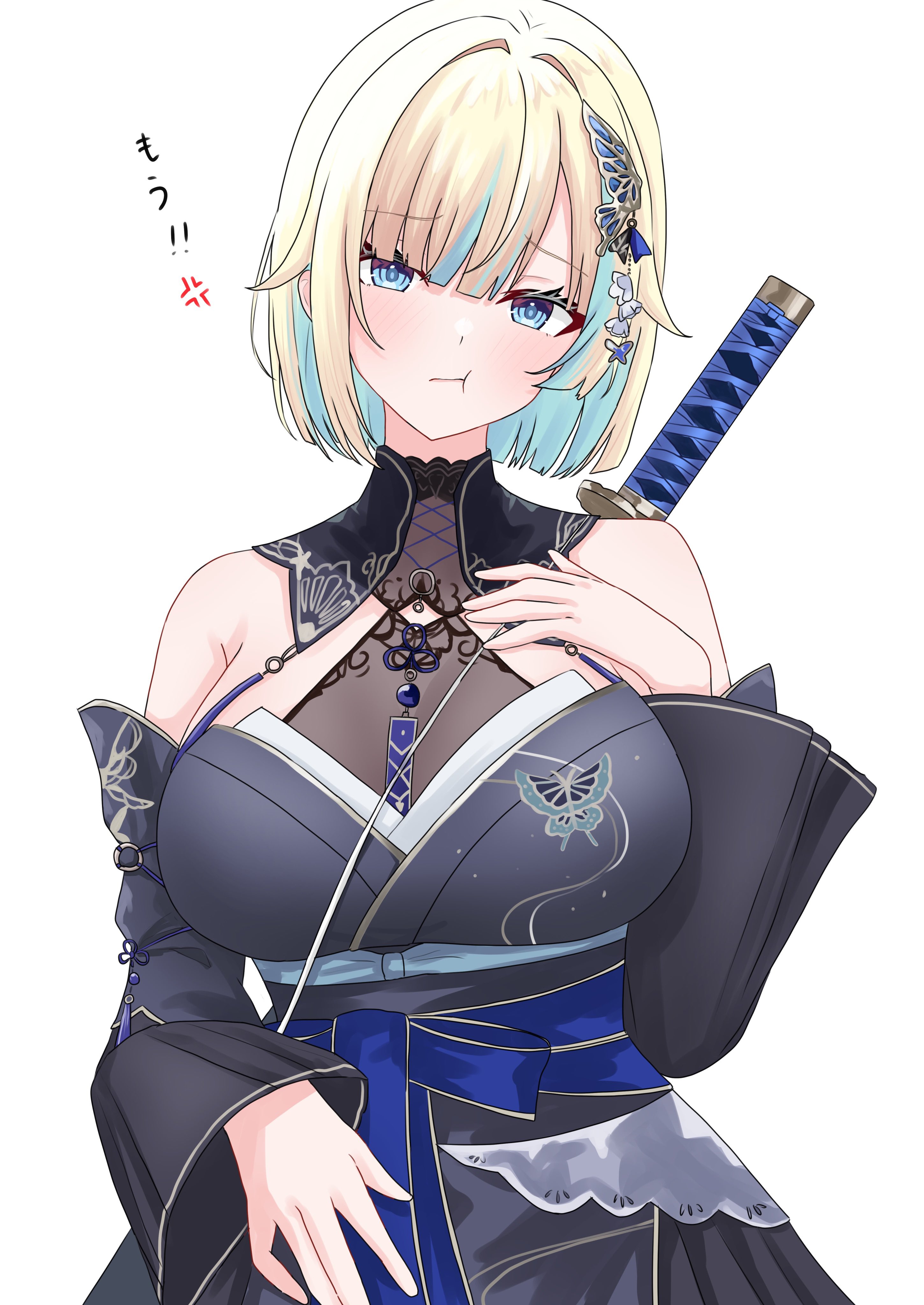 akue, aizawa ema, aizawa ema (5th costume), absurdres, highres, animal print, backless kimono, bare shoulders, blue eyes, butterfly earrings, butterfly print, colored inner hair, earrings, furisode sleeves, japanese clothes, jewelry, kimono, kimono dress, long sleeves, multicolored hair, pantyhose, see-through cleavage, see-through clothes, short hair, sleeveless, sleeveless kimono, sword, sword on back, virtual youtuber, weapon, weapon on back