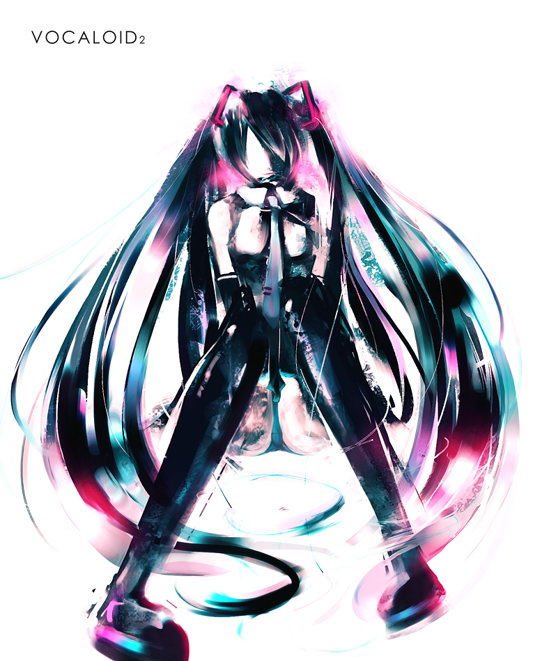 iori yakatabako, hatsune miku, vocaloid, detached sleeves, long hair, necktie, panties, pantyshot, solo, thighhighs, twintails, underwear