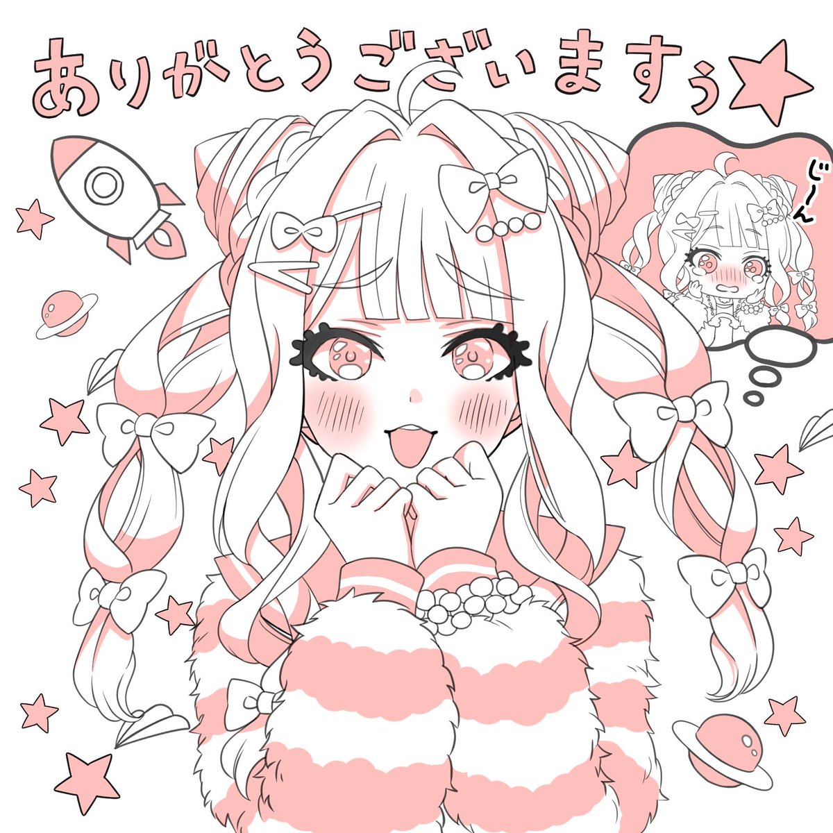 artist request, highres, official art, translation request, ahoge, blush, bow, bun with braided base, chibi, double bun, hair bow, hair bun, hair ornament, hairclip, hands on own chin, imagining, laugh diamond, looking at viewer, monochrome, nose blush, open mouth, planet, red theme, rocket ship, shirt, sidelocks, spacecraft, speech bubble, star (symbol), striped clothes, striped shirt, tears, teeth, thought bubble, upper body, upper teeth only, white background, yamada kanon
