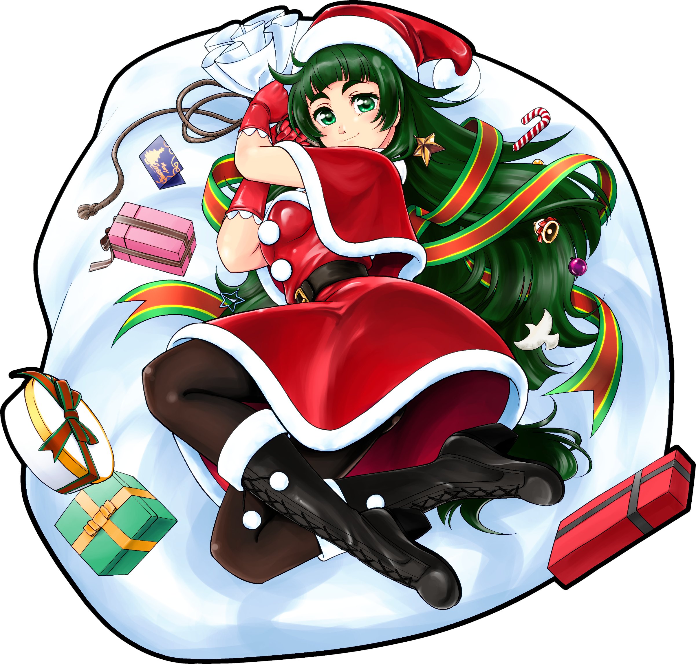 eibon, hiyajou maho, science adventure, steins;gate, steins;gate 0, highres, 1girl, belt, black belt, black boots, black pantyhose, blunt bangs, blush, boots, box, christmas, dress, full body, fur trim, gift, gift box, gloves, green eyes, green hair, hat, holding, holding sack, lace-up boots, long hair, looking at viewer, pantyhose, red gloves, sack, santa costume, santa dress, santa hat, smile, solo