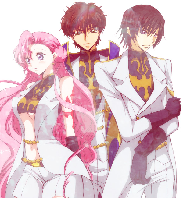 akina tsukako, euphemia li britannia, kururugi suzaku, lelouch vi britannia, code geass, bad id, bad pixiv id, 00s, 1girl, 2boys, black hair, breasts, brown hair, cape, donut hair bun, formal clothes, green eyes, hair bun, large breasts, midriff, military, military uniform, multiple boys, pink hair, purple eyes, skirt, skirt suit, suit, underboob