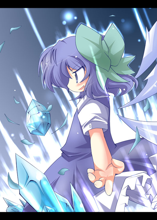 muuba, cirno, shoot the bullet, touhou, 1girl, blue dress, blue eyes, blue hair, blush, bow, crystal, dress, female focus, frills, glowing, letterboxed, matching hair/eyes, profile, smile, solo, teeth