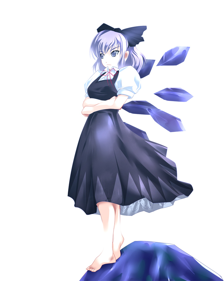 aojiru (shiro to kuro no mukyou), aoziru, cirno, touhou, 1girl, barefoot, bow, female focus, full body, simple background, solo, white background
