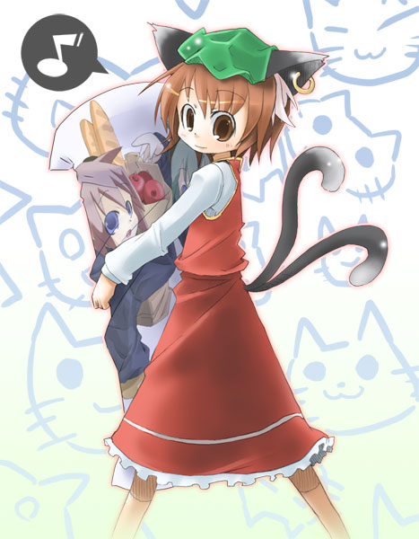 sumikko, chen, touhou, 1girl, :3, animal ears, brown eyes, brown hair, cat, cat ears, cat tail, earrings, female focus, hat, jewelry, multiple tails, musical note, short hair, solo, tail